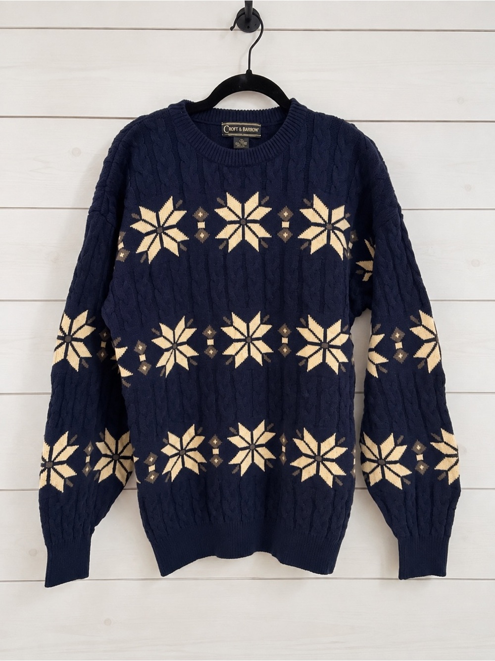 Vintage Cozy Navy Snowflake Cable Knit Sweater - Men